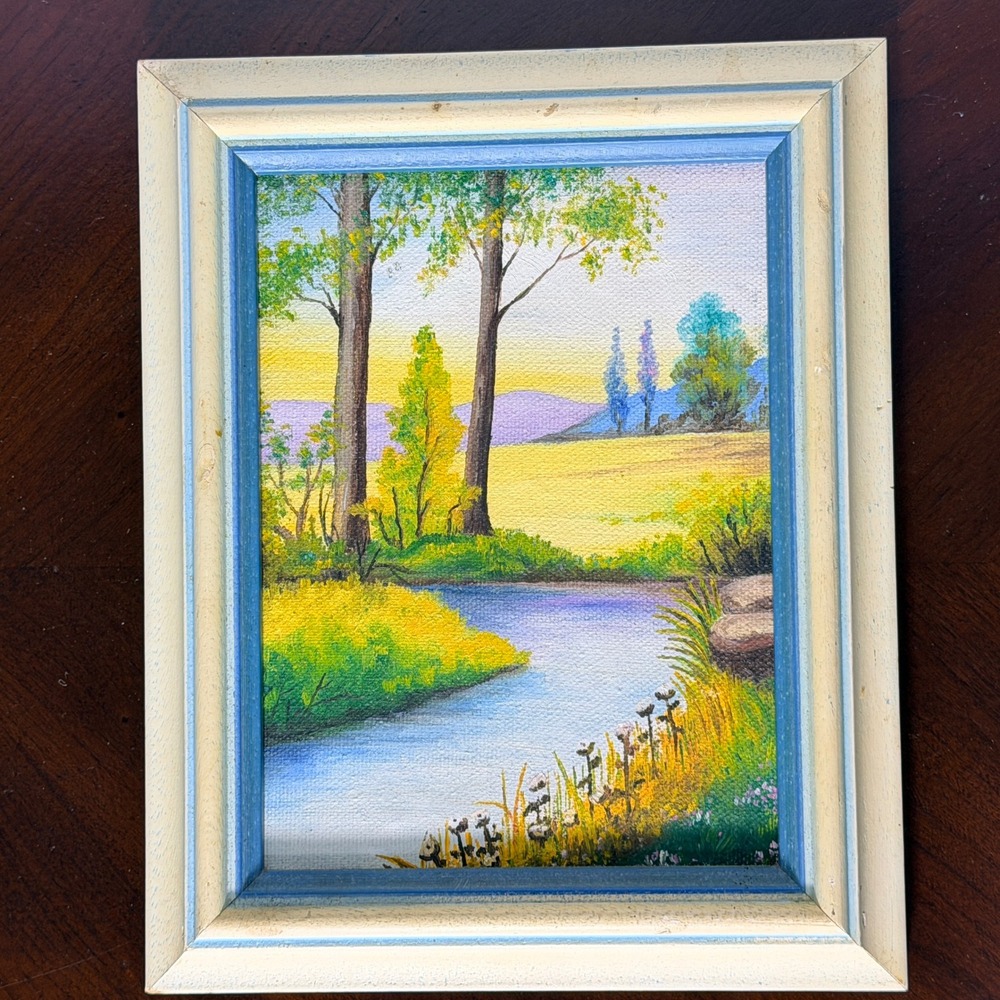 Vintage Pair Hand Painted Canvas Landscape Art Framed Lake River Scenes - Picture 3 of 13